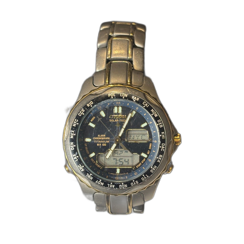 Vintage Citizen Solar-Tech Titanium World Timer Watch C605 – Running / As-Is